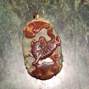 Antique natural jade pendant, Dragon hand carved RARE COLOR